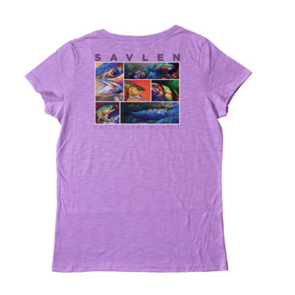 Savlen “Wall of Fame – Fly Fishing Shirt Ladies V-Neck Tee | Violet | NWT